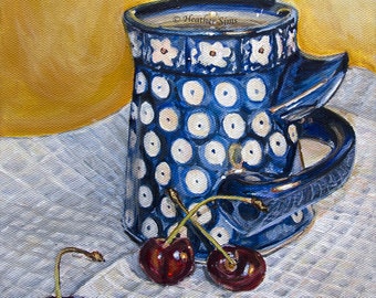 Pottery mug Kitchen art print, blue Yellow kitchen decor, Polish pottery, food art, still life art, cherry print wall art, Heather Sims