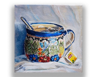 Polish Pottery mug still life tea art print, kitchen art, art for kitchen, print of  painting, giclee art,Heather Sims mat size options