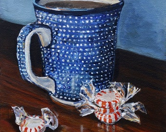 Polish Pottery Mug,Coffee Decor Still Life Art Print Blue Kitchen Artwork, Heather Sims,  Mat Option