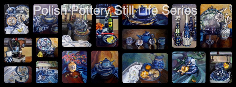 Polish Pottery Cat, still life art, cat print, giclee kitchen art print, Heather Sims, size and mat OPTION image 6