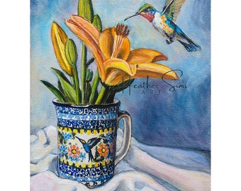 Boleslawiec Polish Pottery Mug, Hummingbird Bird Orange Lily Still Life Art Print – Multiple Size and Mat Choices, Heather Sims Art