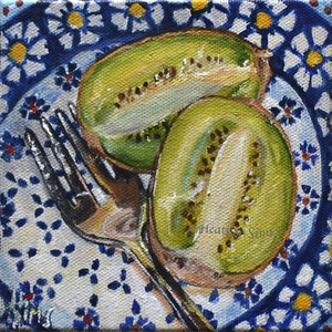 May include: A painting of two kiwi fruit halves on a blue and white patterned plate with a silver fork. The kiwi fruit is green with black seeds and the plate has a white background with blue and white flowers.