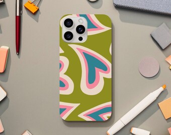 Abstract Green and Pink Hearts Phone Case, Retro and Psychedelic Aesthetic, iPhone 15 14 13 12 11 Pro Max Plus X