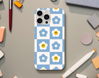 Blue Smiley Flower Phone Case, Preppy and Hippie Aesthetic, iPhone 15 14 13 12 11 Pro Max Plus X
