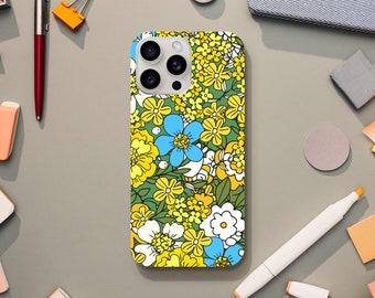 Preppy Flower Aesthetic Phone Case, Retro Summer of Love, Bright Floral, iPhone 15 14 13 12 11 Pro Max Plus X