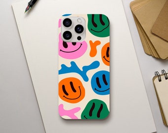 Colourful Abstract Smiley Face Phone Case, Retro Cute Funny Aesthetic, iPhone 15 14 13 12 11 Pro Max Plus X