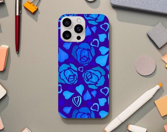 Coquette Blue Floral Phone Case, Flower and Heart Aesthetic, Retro Design, iPhone 15 14 13 12 11 Pro Max Plus X
