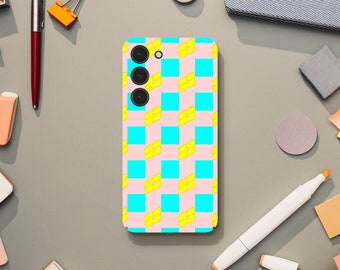 Retro Geometrical Pink Yellow Blue Phone Case, Preppy and Psychedelic Aesthetic, Samsung Galaxy S23 S22 S21 S20 Ultra Plus