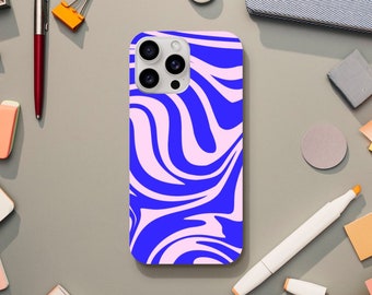 Abstract Psychedelic Aesthetic, Blue Retro Design, 60s 70s Phone Case, iPhone 15 14 13 12 11 Pro Max Plus X