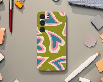 Abstract Green and Pink Heart Phone Case, Retro and Psychedelic Aesthetic, Samsung Galaxy S23 S22 S21 S20 Ultra Plus