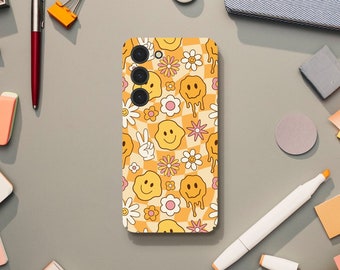Funny Retro Smiley Face Phone Case, Abstract and Psychedelic Pattern, Hippie Peace Sign, Samsung Galaxy S23 S22 S21 S20 Ultra Plus