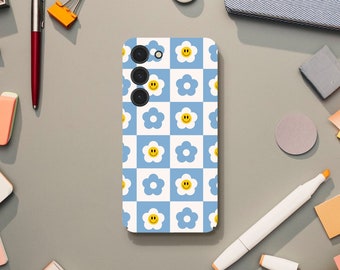 Blue Smiley Flower Phone Case, Preppy and Hippie Aesthetic, Samsung Galaxy S23 S22 S21 S20 Ultra Plus