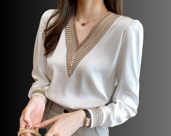 Stylish White V-Neck Chiffon Blouse for Women - Breezy Linen Summer Top - Relaxed Yet Sophisticated Office Attire