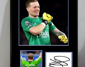 Jordan Pickford Everton FC 2024 ondertekend ingelijst A4 eerbetoon "Great Fathers Day Gift"