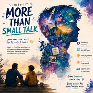 Könnte beinhalten: Ein Kartenspiel mit dem Titel More Than Small Talk für Eltern und Teenager. Das Design zeigt eine Aquarell-Silhouette einer Person, gefüllt mit Symbolen wie einer Rakete, einer Stadt und Büchern, neben einer Illustration von zwei Personen an einem See.