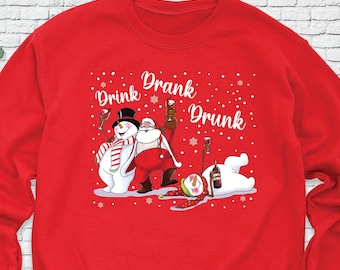 Drink Drank Drunk Christmas Sweatshirt Wine Drinking Snowman Hoodie, Funny Holiday Xmas Wine Santa Hat Long Sleeve, Drinking Christmas Shirt