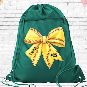 Personalized Bow Softball Drawstring Backpack Bag, Girls Softball Drawstring Bag, Softball Team Camp Gift Bag, Kid Softball Bag,Softball Bag