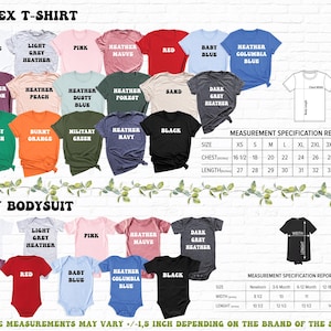 Op de afbeelding: Productcatalogus met T-shirts en babyrompers in verschillende kleuren, waaronder wit, roze en zwart. De afbeelding toont ook een maattabel met borst- en lengtematen in centimeters. De tekst luidt "UNISEX T-SHIRT" en "BABY BODYSUIT."