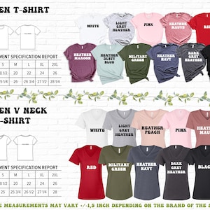 May include: A display of Women's T-shirts and V-neck T-shirts in various colors, including white, pink, red, and black. Each shirt color is labeled with its name. Measurement charts for sizes S to 2XL are also shown.