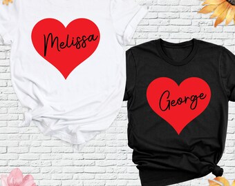 Custom Couples Anniversary Heart Shirt, Valentine Day Matching Red Heart Tee, Engagement Honeymoon Tee, Wife Husband Tee, Wedding tees Shirt