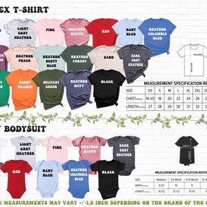 May include: A product catalog featuring various t-shirt and baby bodysuit colors, including white, pink, and black. The image displays size charts for both t-shirts and baby bodysuits, with measurements in inches. Text on the image reads "UNISEX T-SHIRT" and "BABY BODYSUIT."
