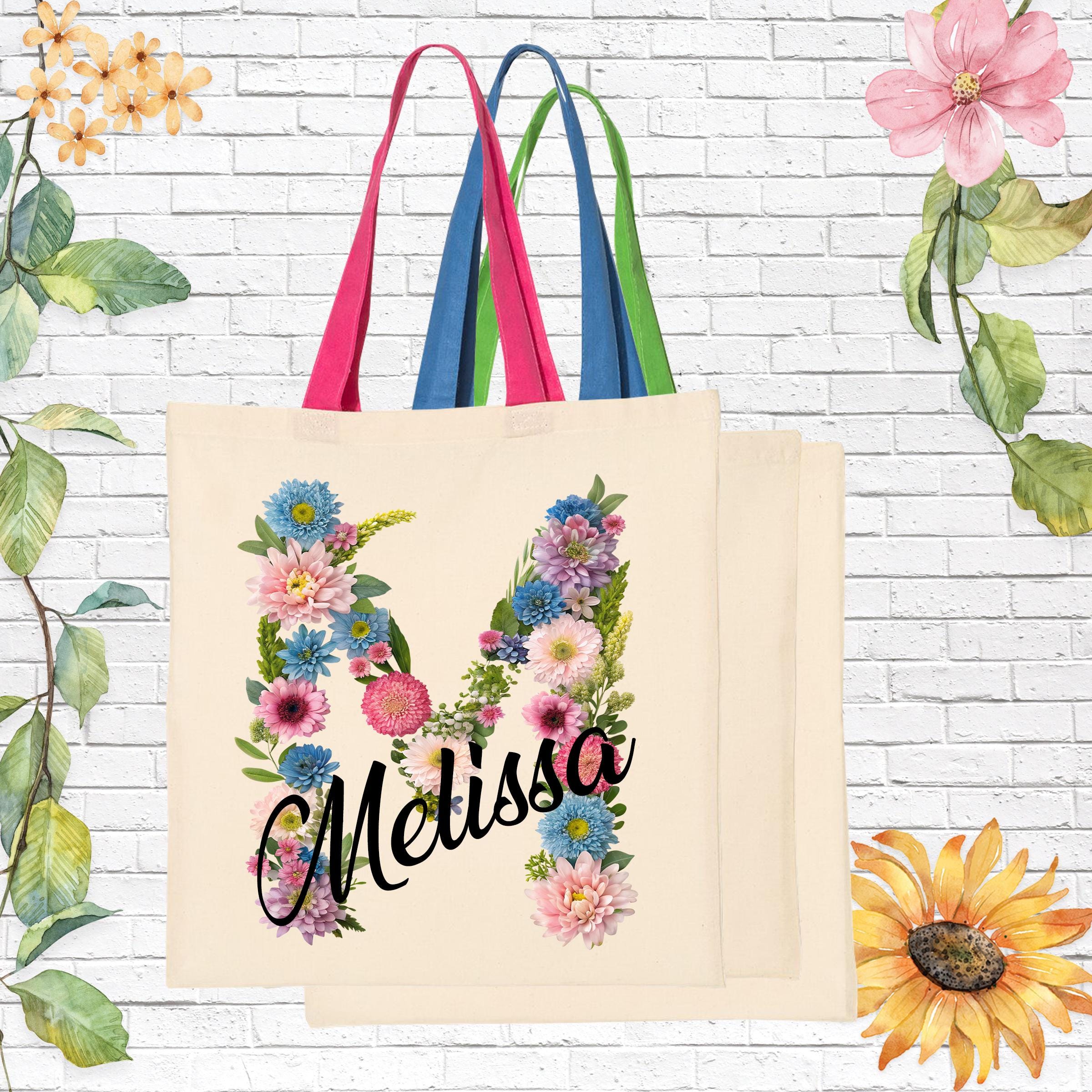 Personalized Name tote bag Floral monogram tote, Custom Floral Initial Tote Bag, Wedding tote bags, Women totes, Bachelorette party Tote bag