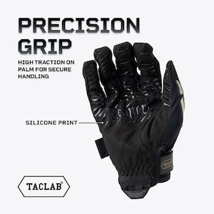 May include: A black tactical glove featuring a silicone print on the palm for high traction. The text reads PRECISION GRIP, HIGH TRACTION ON PALM FOR SECURE HANDLING, SILICONE PRINT, REAPER, and TACLAB. The glove has a hook and loop wrist closure.