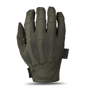 May include: An olive green tactical glove featuring a dark green skeletal hand design printed on the back. The glove includes a hook-and-loop wrist closure, textured fabric on the thumb and side, and a small rectangular tag labeled TACLAB.