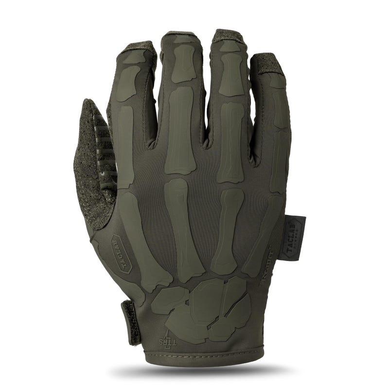 May include: An olive green tactical glove featuring a dark green skeletal hand design printed on the back. The glove includes a hook-and-loop wrist closure, textured fabric on the thumb and side, and a small rectangular tag labeled TACLAB.
