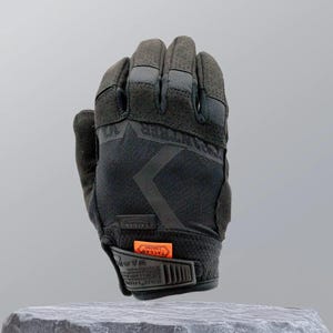 May include: Black tactical glove with the word "TACLAB" and "FRONTIER" printed on it. The glove has a textured palm and a hook-and-loop wrist closure. The glove is made of a durable material and has perforations for breathability.