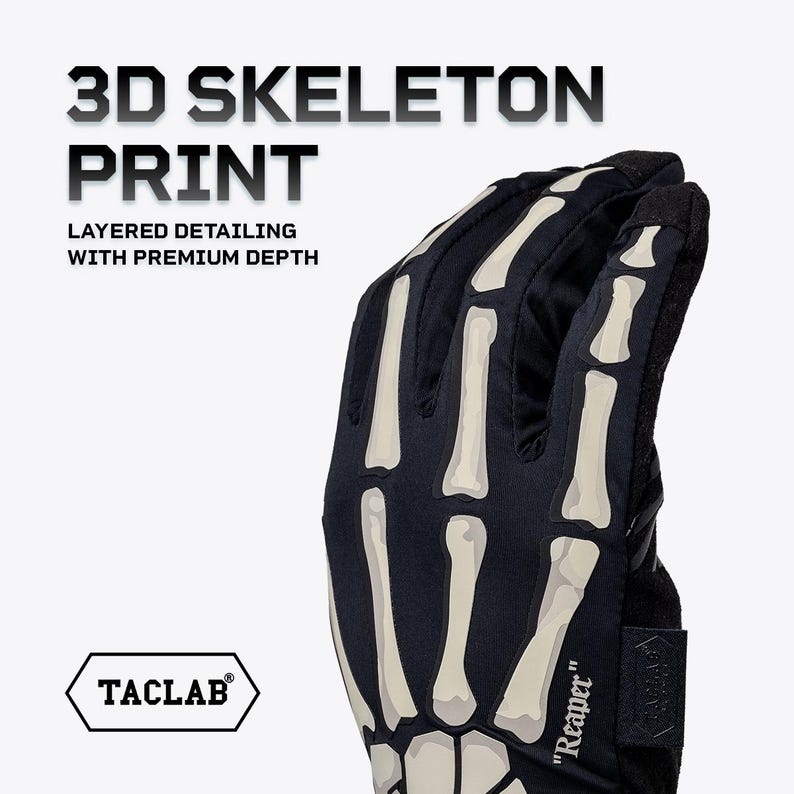 May include: A black glove featuring a white 3D skeleton print on the back of the hand. The text 3D SKELETON PRINT LAYERED DETAILING WITH PREMIUM DEPTH is visible. A small tag reads Reaper and a logo tag reads TACLAB.