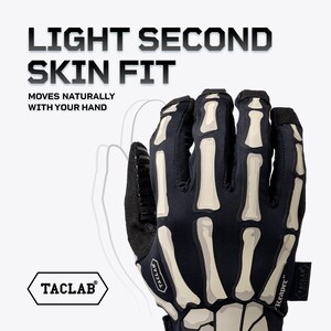 May include: A black glove featuring a white skeleton bone print on the back. The text reads LIGHT SECOND SKIN FIT MOVES NATURALLY WITH YOUR HAND, TACLAB, and Reaper. The glove has a black textured palm area and a small black brand tag on the side.