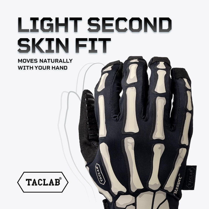 May include: A black glove featuring a white skeleton bone print on the back. The text reads LIGHT SECOND SKIN FIT MOVES NATURALLY WITH YOUR HAND, TACLAB, and Reaper. The glove has a black textured palm area and a small black brand tag on the side.