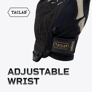 May include: A black tactical glove featuring a textured palm, an adjustable wrist strap with a gold Taclab Gloves logo, and a small pull tab labeled Reaper. The glove displays a white Taclab logo in a hexagon frame and the text ADJUSTABLE WRIST.