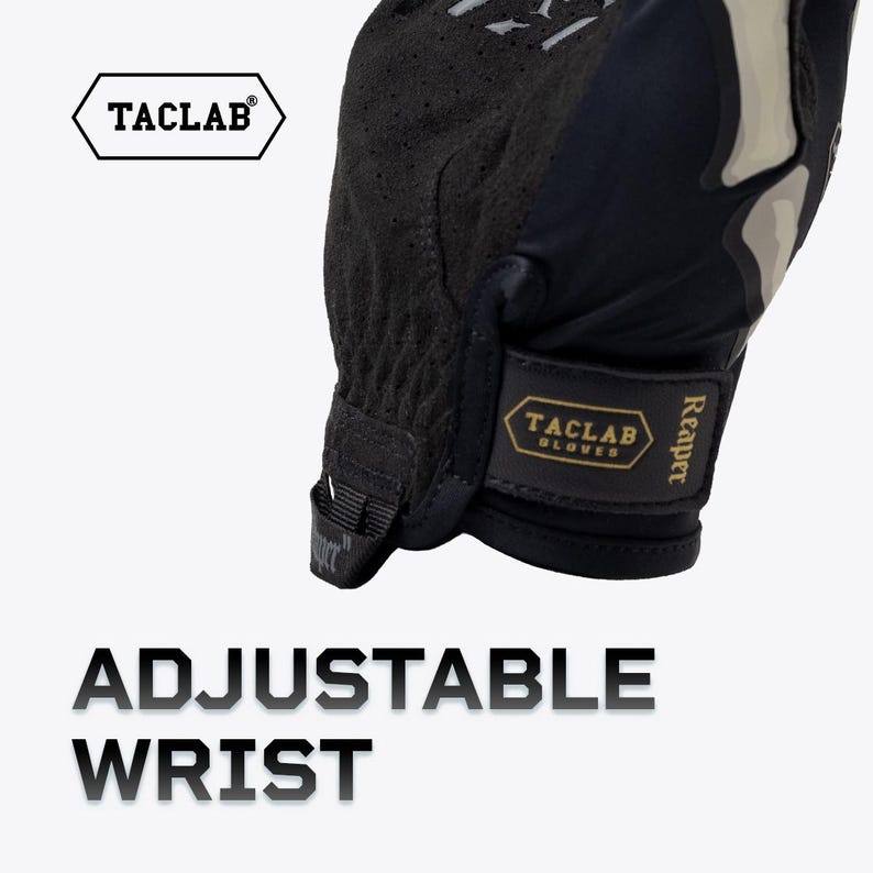 May include: A black tactical glove featuring a textured palm, an adjustable wrist strap with a gold Taclab Gloves logo, and a small pull tab labeled Reaper. The glove displays a white Taclab logo in a hexagon frame and the text ADJUSTABLE WRIST.
