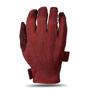May include: A dark red tactical glove featuring a raised, tonal skeleton hand design on the back. The glove includes a hook-and-loop wrist closure, a textured thumb panel, and a small rectangular tag on the side with the text TACLAB printed on it.