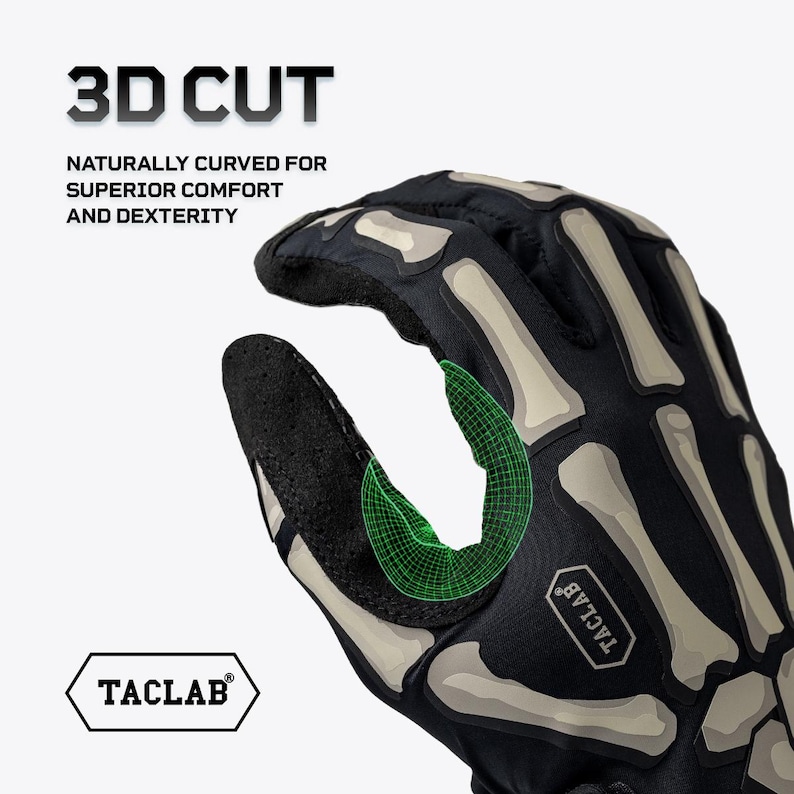 May include: A black glove featuring a beige skeleton bone design on the back. The text 3D CUT NATURALLY CURVED FOR SUPERIOR COMFORT AND DEXTERITY is visible. A green wireframe graphic highlights the thumb area, and the TACLAB logo is present.