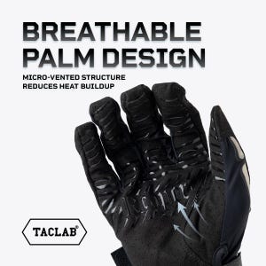 May include: Black tactical glove with a micro-vented palm structure, textured grip patterns on the fingers, and a reinforced palm area. Text reads: BREATHABLE PALM DESIGN, MICRO-VENTED STRUCTURE REDUCES HEAT BUILDUP, and the brand name TACLAB.