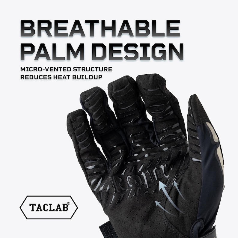 May include: Black tactical glove with a micro-vented palm structure, textured grip patterns on the fingers, and a reinforced palm area. Text reads: BREATHABLE PALM DESIGN, MICRO-VENTED STRUCTURE REDUCES HEAT BUILDUP, and the brand name TACLAB.