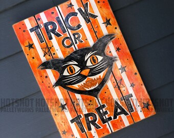 Vintage Halloween Trick-or-Treat, Hand painted, Up gefietst hout, met de hand gemaakt, teken, Zwarte Kat