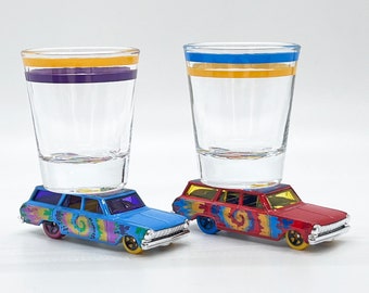 the Original Hot Shot shot glass, '64 Chevy Nova Wagon, Tie Dye, Hot Wheel car