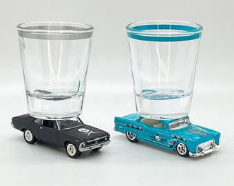 The ORIGINAL Hot Shot shot glasses, Skulls, '55 Split Peak Chevy, '70 Chevy Nova SS, Hot Wheel & Johnny Lightning cars