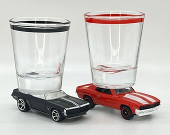 the Original Hot Shot shot glass, '69 Chevy Camaros, Convertible & Hard Top, Matchbox, Hot Wheels Cars