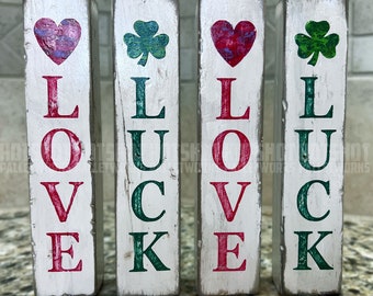 Hoog omkeerbaar valentijns-/klaverblokdecor, Valentijnsdag, St. Patrick's Day, seizoensgebonden huisdecor, houtdecor