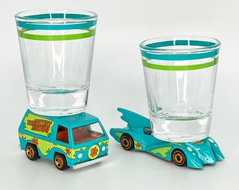 the Original Hot Shot shot glass, Scooby Doo Mystery Machine, Scooby Doo Batmobile, Hot Wheel car.