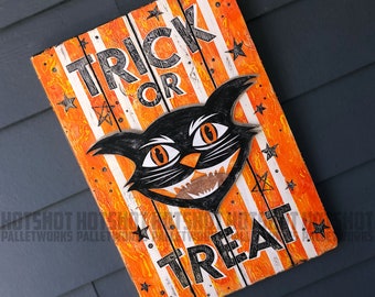 Vintage Halloween Trick-or-Treat, met de hand geschilderd, gefietst hout, met de hand gemaakt, teken, zwarte kat