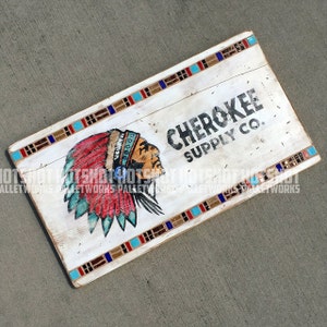 Cherokee Supply Company, Vintage-looking, Mosaic, upcycled wood sign, hand made, hand painted