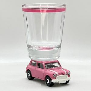 The ORIGINAL Hot Shot Shot Glass, &#39;64 Pink Austin Mini Cooper, Matchbox car