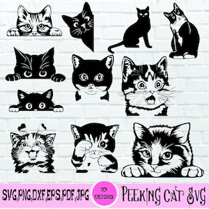 覗き見猫 SVG-Png、覗き見 SVG、猫のシルエット、子猫 SVG、猫の顔 SVG、かわいい猫 SVG、覗き見猫のクリップアート、カット ファイル、猫のシルエット。