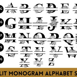 Blumenalphabet Split-Monogramm SVG-Bundle, Split Monogramm Buchstaben SVG-Bundle, Monogramm Schriftart Alphabet, Familienname Rahmen, Split Letter Cut-Dateien,